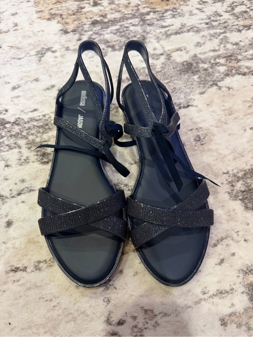 Jason Wu Black Glitter Slingback Sandals with Ribbon Tie